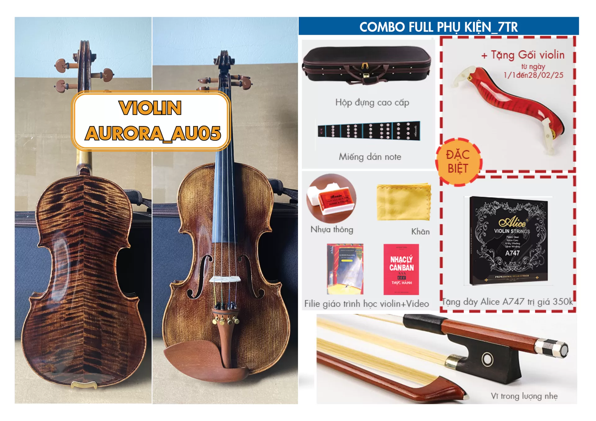 Violin Aurora AU05_có setup, full phụ kiện cho người mới học Violin